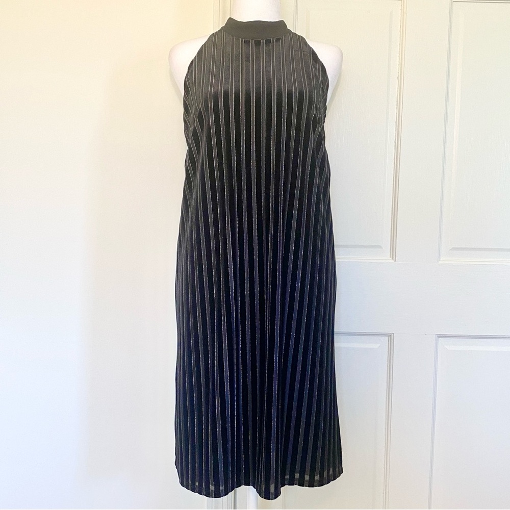 NWT J JILL WEAREVER Velvet Halter Length Shift Dress S Black Stripes Event $129